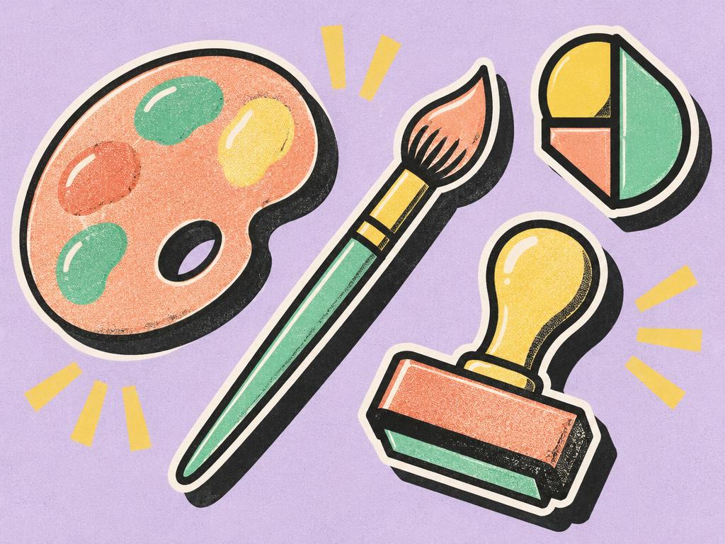 Illustration of a paint palette, brush, stamp and geometric logo marks