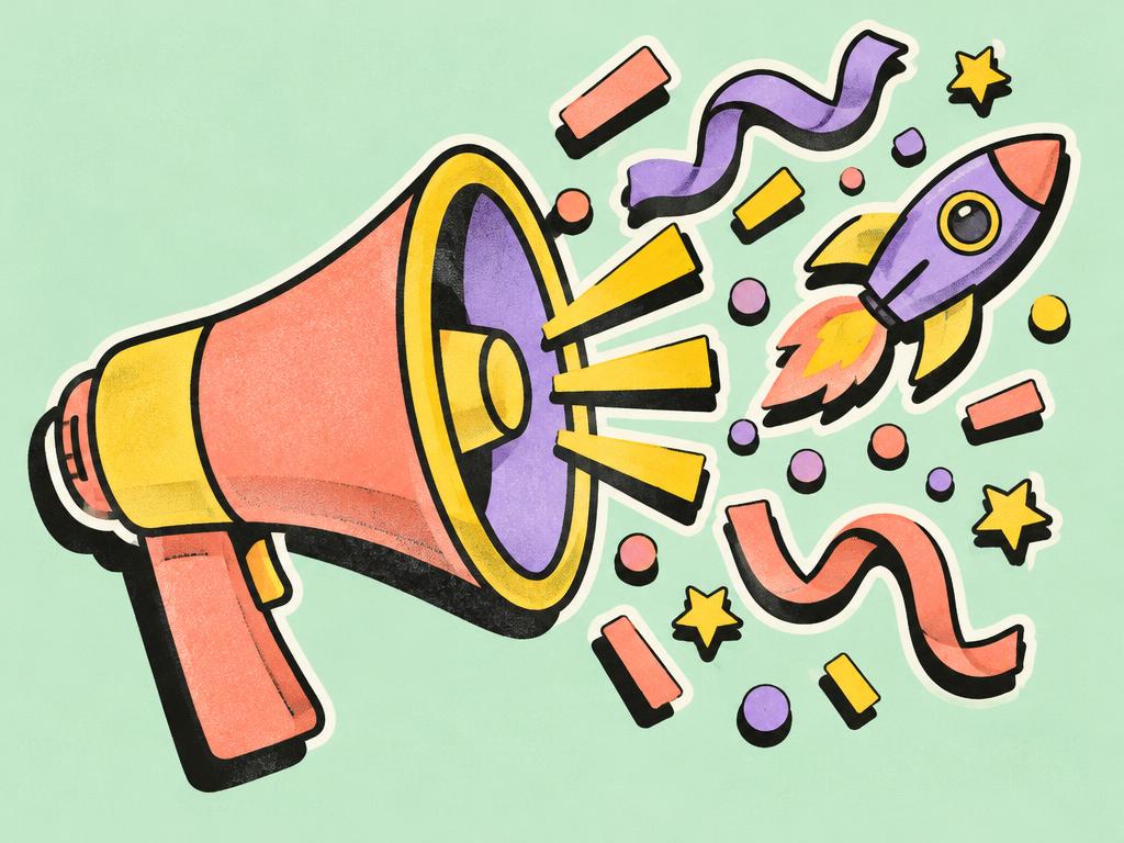 Illustration of a megaphone firing confetti with a small rocket
