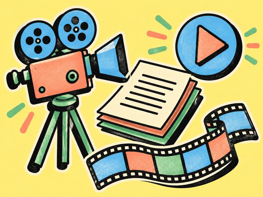 Illustration of a film camera, script pages and a play button