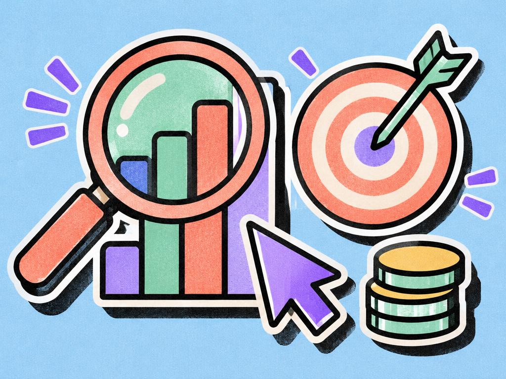 Illustration of a magnifying glass over a rising bar chart with a target