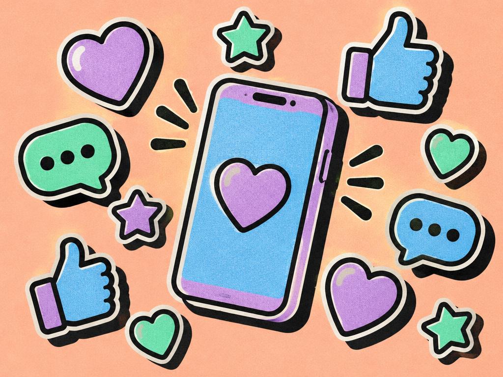 Illustration of a phone with heart, chat and star stickers