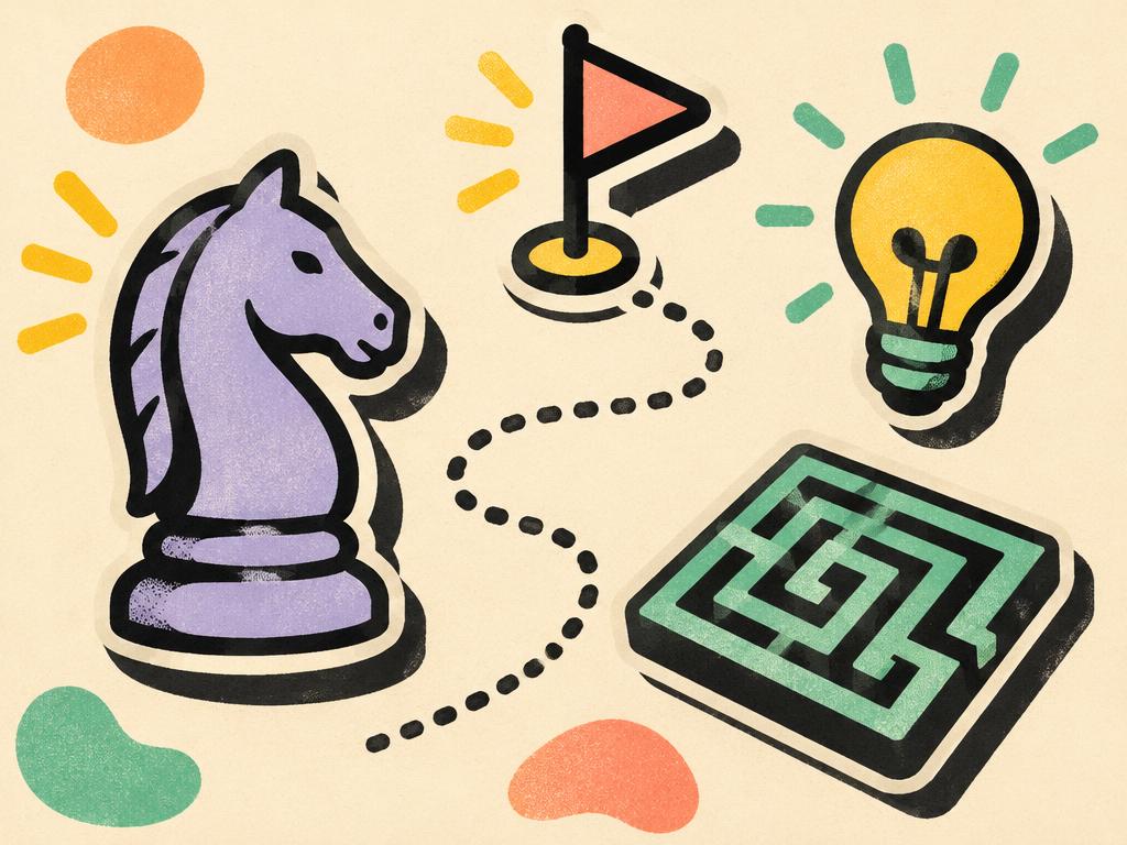 Illustration of a chess knight, a dotted path to a flag and a lightbulb